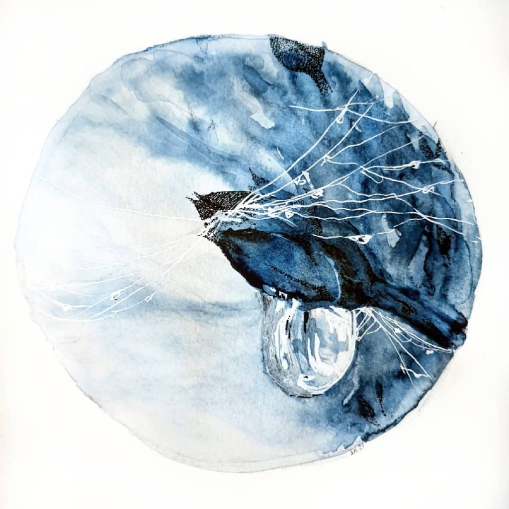 Droppstudie i blått, knopp. 18x27 cm, 370 kr.