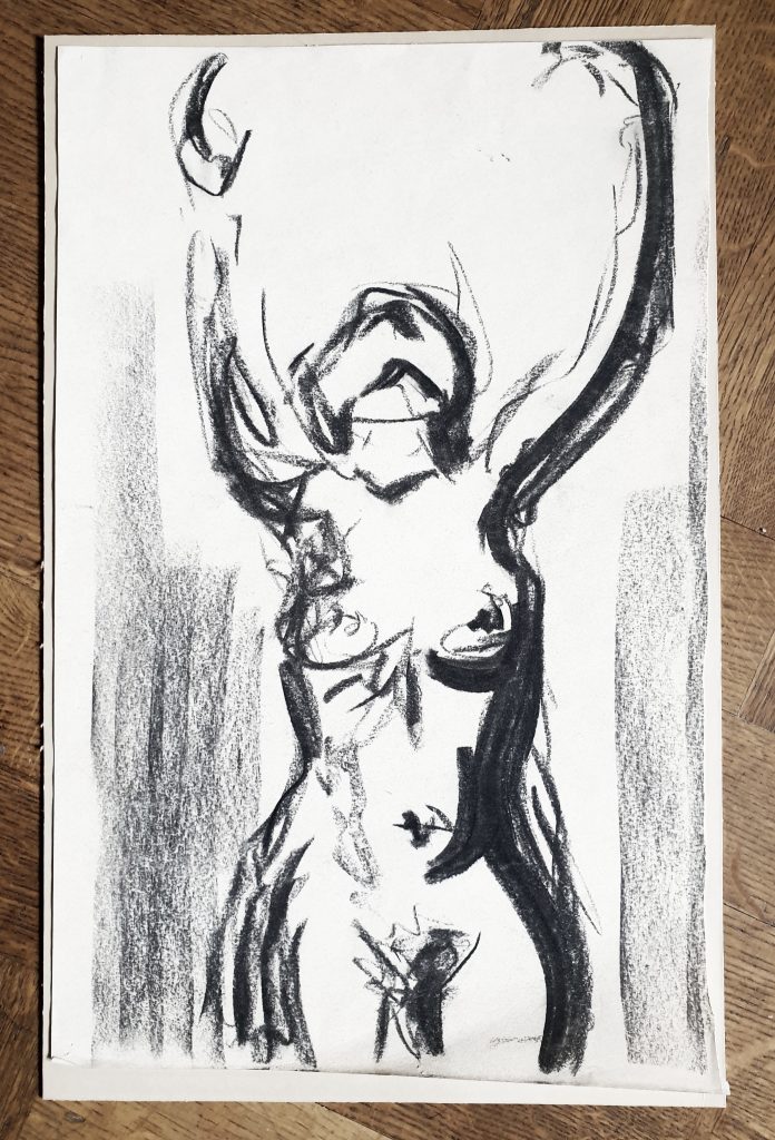 Dramatiskt i kol, 2002. Kol på naturvitt papper, ca 40x25 cm. 300 kr.